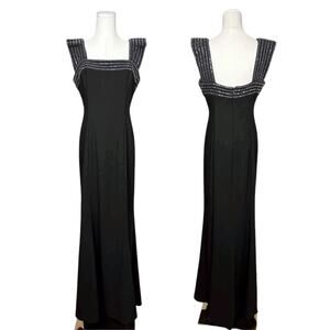 Aidan by Aidan Mattox Beaded Sheath Maxi Gown Black Sz 8 Formal Art Deco